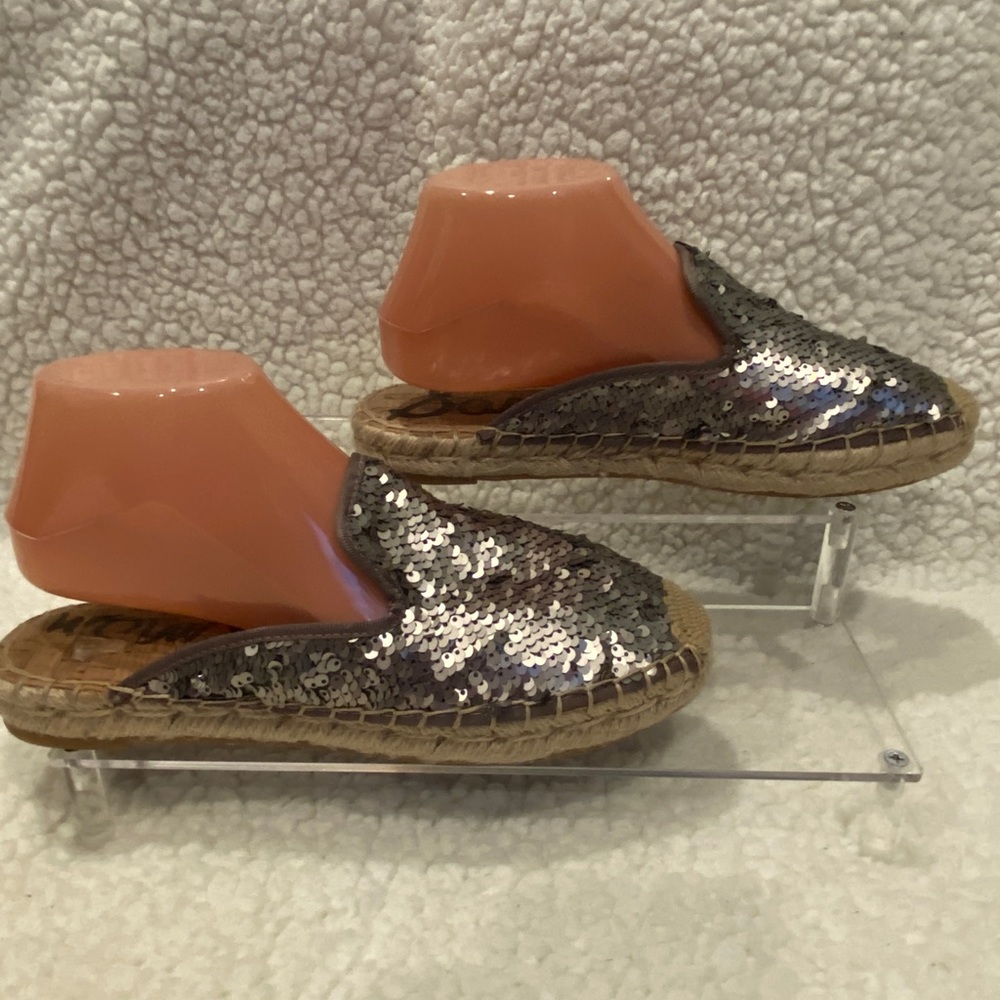 Sam Edelman Kerry Pewter Silver Sequins Espadrilles Slip-on Mules Shoes Sz 8 EUC - Picture 3 of 9